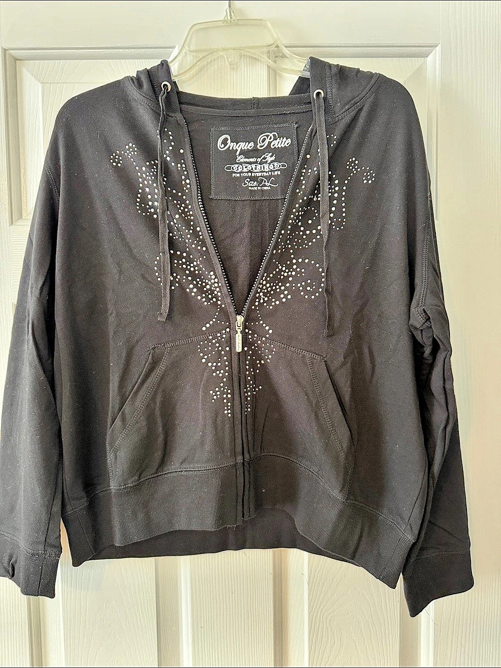 Onque Petite Elements of Style Rhinestone Zip Hoodie in Black Large Petite Like